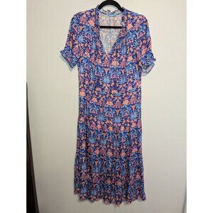 J. McLaughlin XS Dress Chessie Silk Blend Blue Floral Tiered Stained Glass Boho